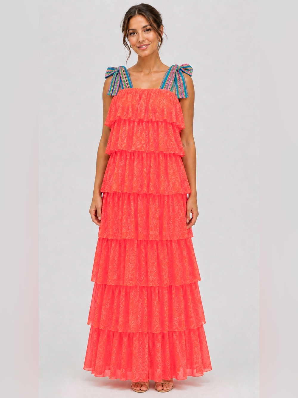Pitusa Bow Neon Coral Tiered Maxi Dress with Striped Shoulder Ties